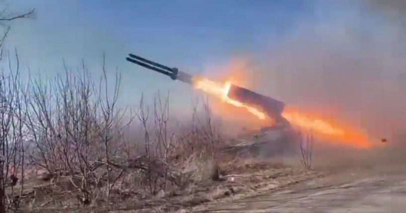 Thermobaric rockets are fired from the Russian TOS-1A Solntsepek.