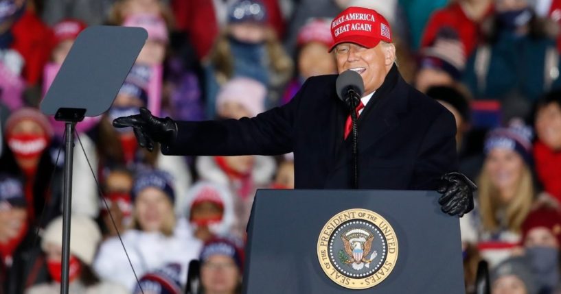 Then-President Donald Trump speaks during a campaign rally in Grand Rapids, Michigan, on Nov. 3, 2020, the day before the election.