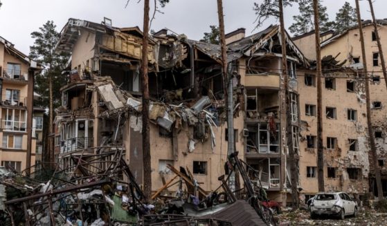 Destroyed buildings are seen on Thursday in Irpin, Ukraine.