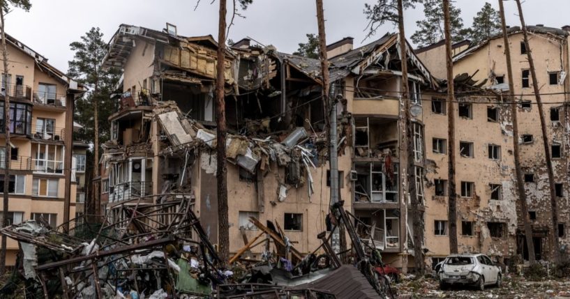 Destroyed buildings are seen on Thursday in Irpin, Ukraine.