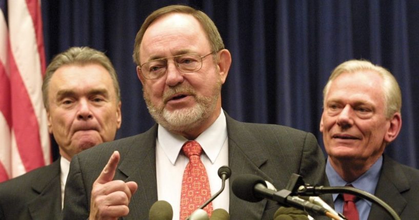 House Transportation and Infrastructure Committee Chairman Don Young, center, speaks as Continental Airlines CEO Gordon Bethune, left, and Southwest Airlines CEO Herb Kelleher, right, look on June 7, 2001 during a press conference concerning air passenger customer service improvements on Capitol Hill in Washington, D.C.