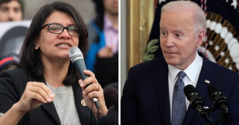 Rep. Rashida Tlaib, left; President Joe Biden, right.