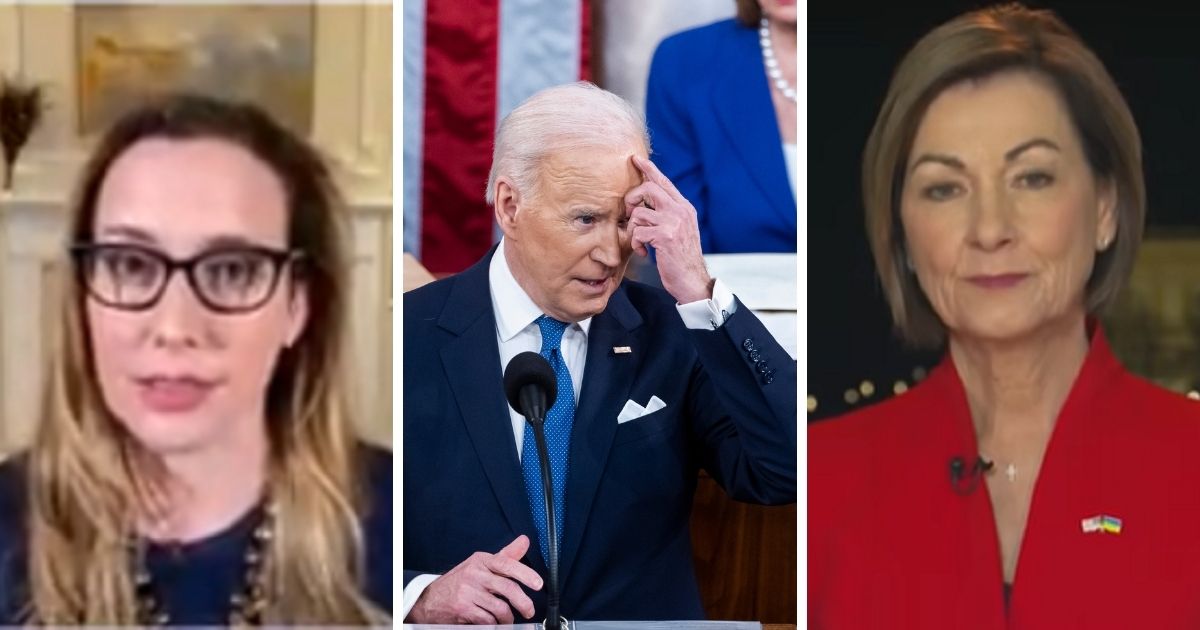 Former Trump Justice Department spokeswoman Sarah Isgur, left; President Joe Biden, center, at Tuesday night's State of the Union address; Iowa Gov. Kim Reynolds, right. delivering the GOP response.