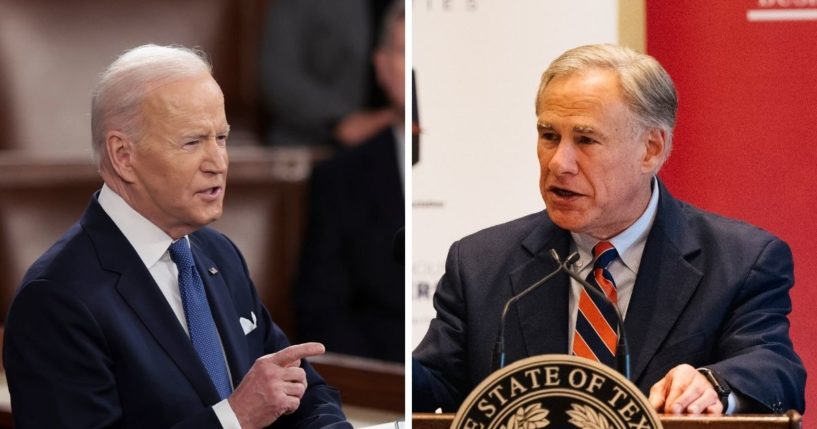 Left: President Joe Biden, left, at the State of the Union address on Tuesday; right, Texas Gov. Gregg Abbott in an October file photo.