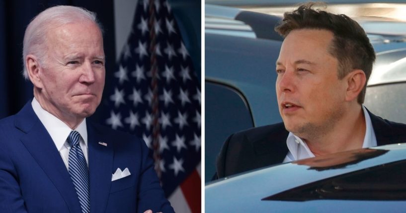 President Joe Biden, left; Tesla CEO Elon Musk, right.