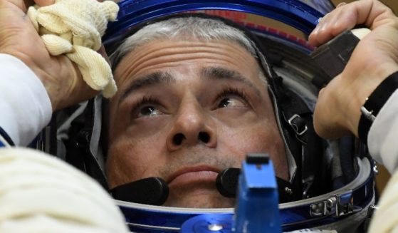 American astronaut Mark Vande Hei is pictured in a 2017 file photo during a test of his space suit in Kazakhstan.
