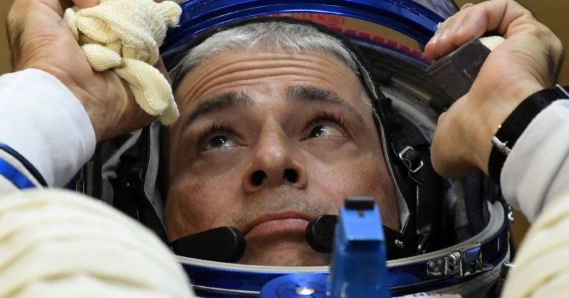 American astronaut Mark Vande Hei is pictured in a 2017 file photo during a test of his space suit in Kazakhstan.