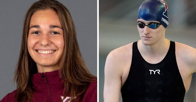 Virginia Tech swimmer Reka Gyorgy, left; transgender swimmelr Lia Thmas, right.,