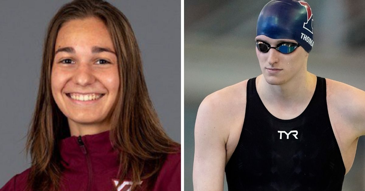 Virginia Tech swimmer Reka Gyorgy, left; transgender swimmelr Lia Thmas, right.,