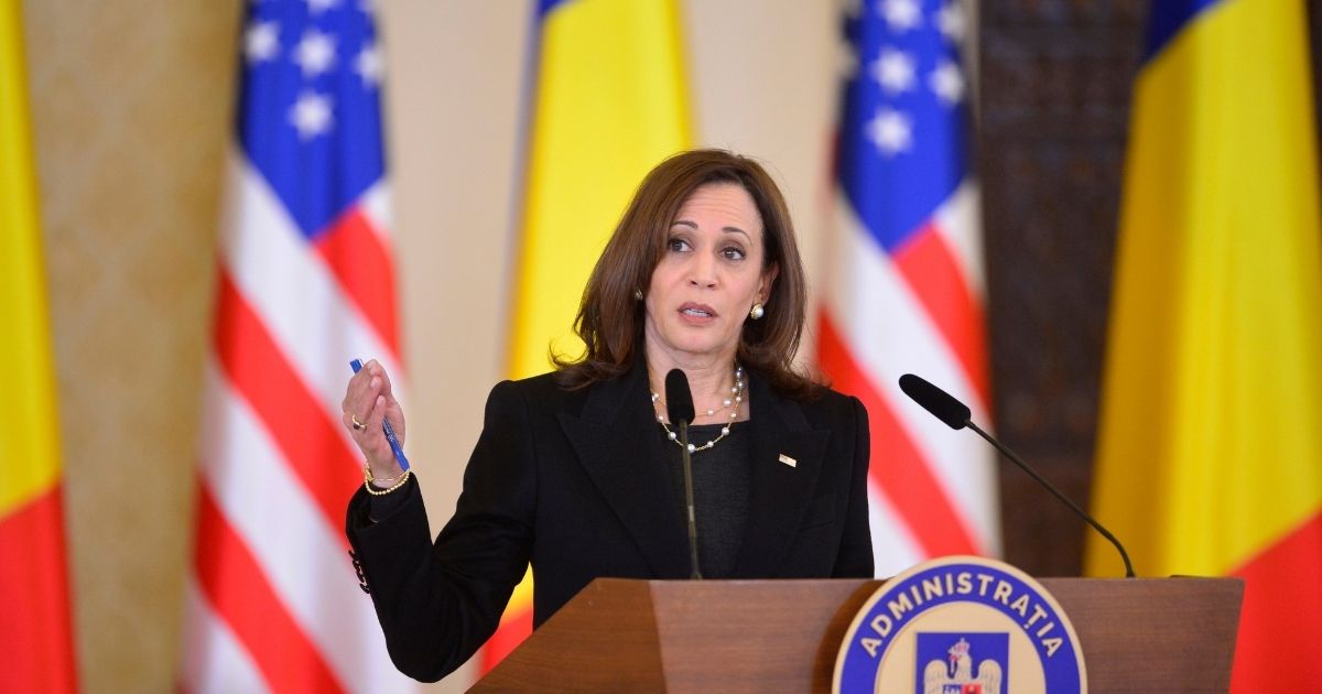 Vice President Kamala Harris speaks during a March 11 news conference in Bucharest, Romania.