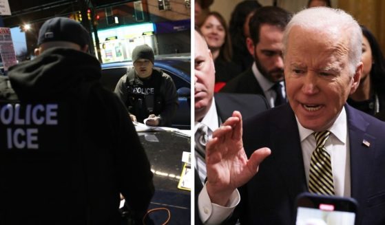 Immigration and Customs Enforcement, left, are pictured in a file photo from 2018 preparing a roundup of arrests of illegal aliens in New York City. Right, President Joe Biden speaks to reporters at the White House last week. A federal judge on Tuesday ruled in favor of three Republican attorneys general challenging a policy by Biden Department of Homeland Security Security Alejandro Mayorkas that limited ICE enforcement efforts.