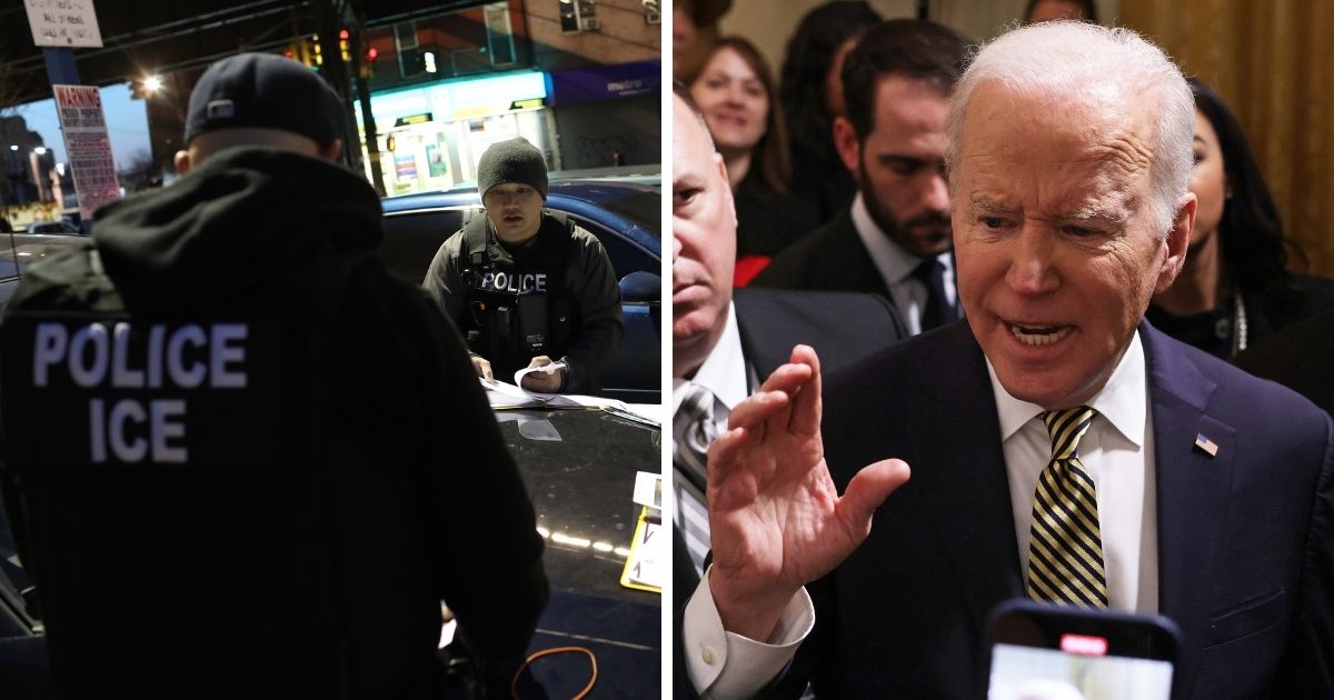 Immigration and Customs Enforcement, left, are pictured in a file photo from 2018 preparing a roundup of arrests of illegal aliens in New York City. Right, President Joe Biden speaks to reporters at the White House last week. A federal judge on Tuesday ruled in favor of three Republican attorneys general challenging a policy by Biden Department of Homeland Security Security Alejandro Mayorkas that limited ICE enforcement efforts.