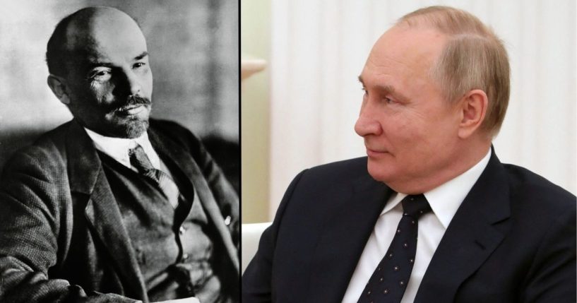 Soviet leader Vladimir Lenin, left, is seen in Petrograd (now St. Petersburg) in January 1918. Russian President Vladimir Putin attends a meeting at the Kremlin in Moscow on Friday.