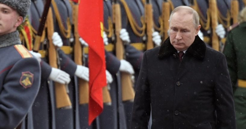 Russian President Vladimir Putin attends a wreath-laying ceremony at the Tomb of the Unknown Soldier in Moscow on Feb. 23.