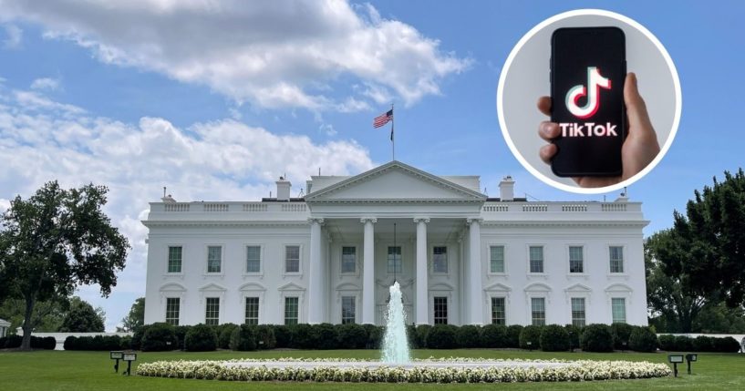The North Lawn of the White House is seen in Washington, D.C., on July 9, 2021. The TikTok logo is shown on a cellphone in Nantes, France, on Jan. 21, 2021.
