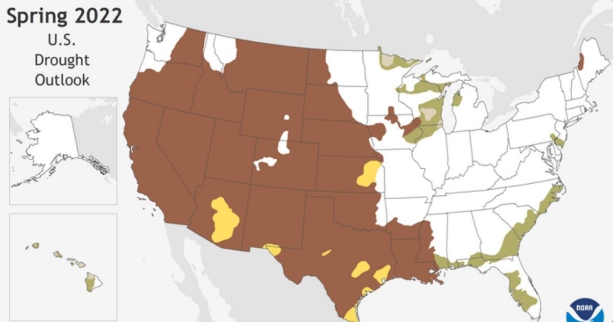A map published by the U.S. National Oceanic and Atmospheric Administration depicts where there is a greater than 50 percent chance of drought persistence, development, or improvement based on short- and long-range statistical and dynamical forecasts from March 17 through June 30, 2022.