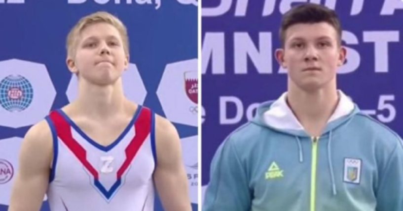 Russian gymnast Ivan Kuliak, left, sports a "Z" symbol on Saturday supporting the Russian invasion of Ukraine during a medals ceremony at the Artistic Gymnastics World Cup in Qatar, where he won a bronze. Right, Ukrainian gymnast Illia Kovtun, who won the gold.