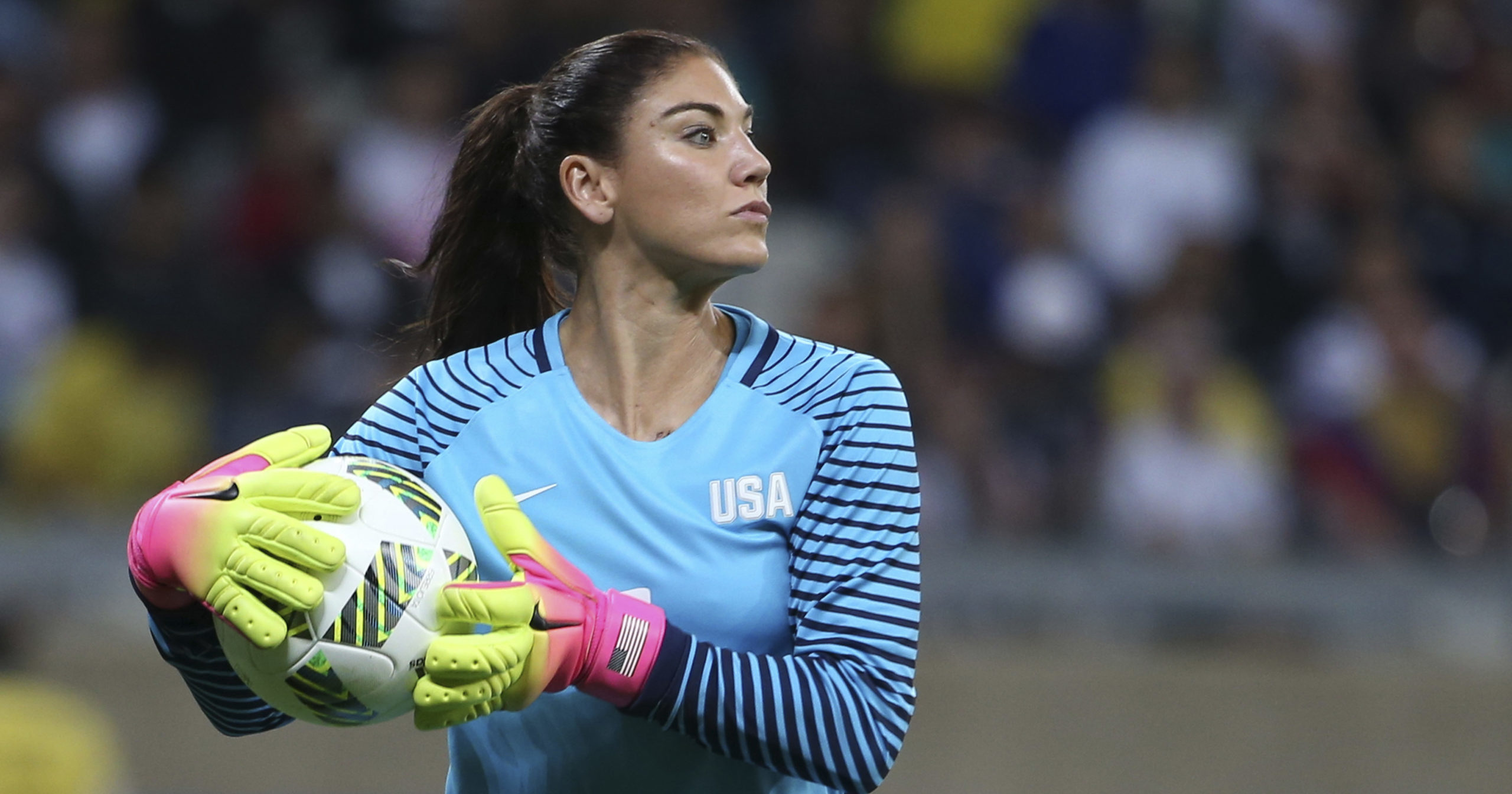 U.S. goalkeeper Hope Solo plays in a women's soccer game against New Zealand at the Rio Olympics in Belo Horizonte, Brazil, on Aug. 3, 2016.