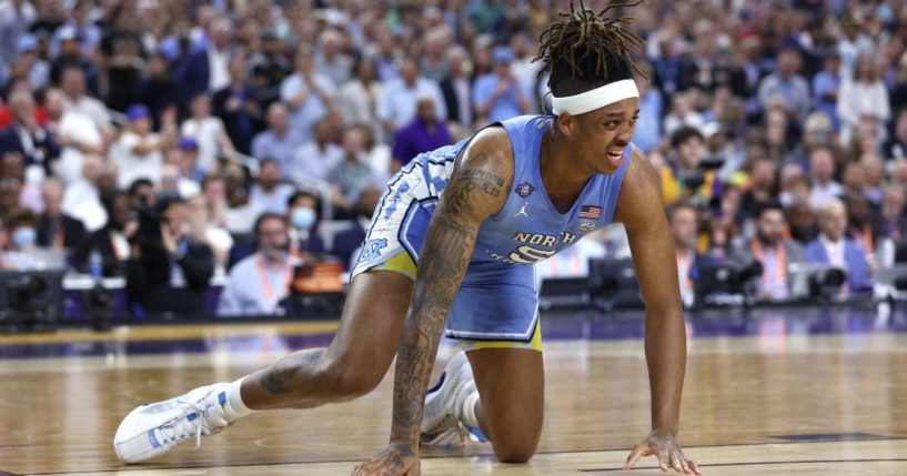 Armando Bacot of the North Carolina Tar Heels reacts in pain during the NCAA men's basketball championship at Caesars Superdome on Monday in New Orleans.
