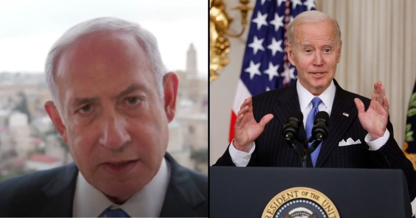 Former Israeli Prime Minister Benjamin Netanyahu, left, is warning the U.S. against signing a new nuclear agreement with Iran. President Joe Biden delivers remarks in the State Dining Room at the White House on Wednesday in Washington, D.C.