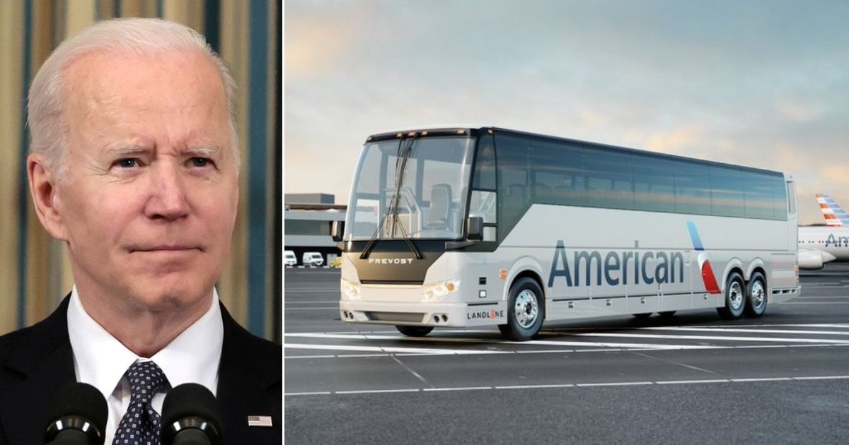At left, President Joe Biden answers questions in the State Dining Room of the White House on March 28. At right is an artist's concept of an American Airlines Landline bus.