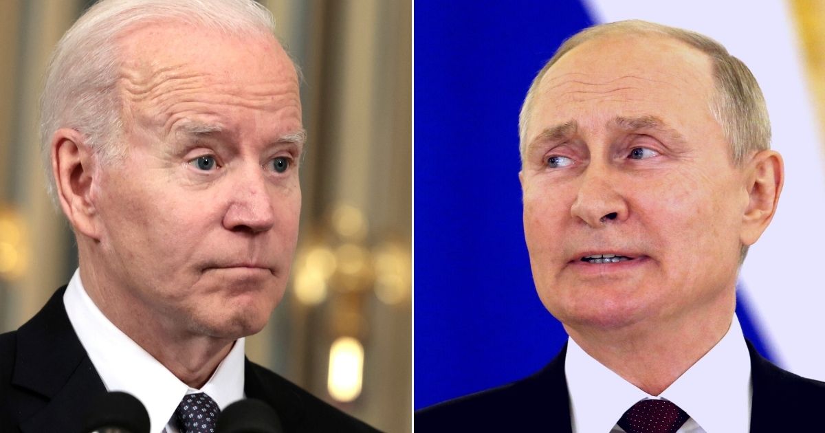 At left, President Joe Biden speaks in the State Dining Room of the White House in Washington on March 28. At right, Russian President Vladimir Putin speaks during a news conference at the Grand Kremlin Palace in Moscow on Aug. 20.