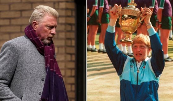 Boris Becker appears outside Southwark Crown Court in London on Friday, left, and holds the Wimbledon trophy aloft on July 7, 1985, when he was 17, right.