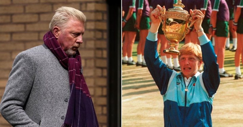 Boris Becker appears outside Southwark Crown Court in London on Friday, left, and holds the Wimbledon trophy aloft on July 7, 1985, when he was 17, right.