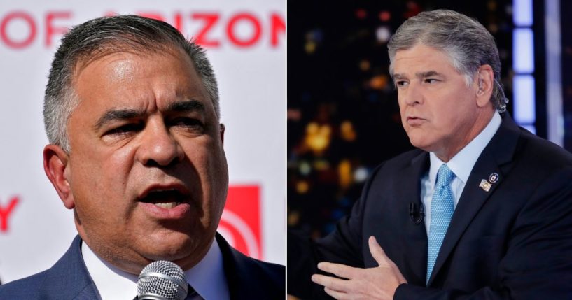 At left, Citizens United President David Bossie speaks during an Arizona Republican Party news conference on Nov. 5, 2020, in Phoenix. At right, Fox News host Sean Hannity speaks during a taping of his show in New York on Aug. 7, 2019.