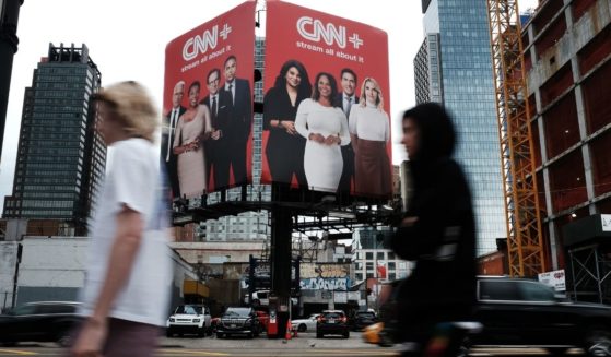 An advertisement for CNN+ is displayed in Manhattan, New York, on Thursday.