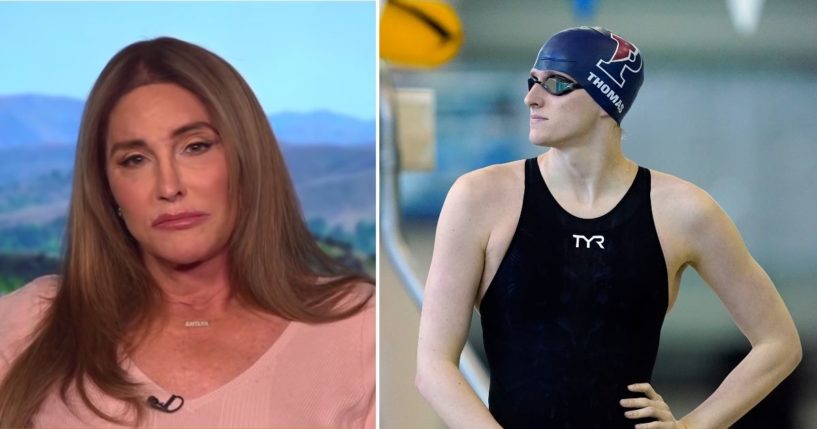 Caitlyn Jenner, left, appears on "Piers Morgan Uncensored" on Thursday. Lia Thomas waits for a preliminary heat in the 500-yard freestyle at the NCAA women's swimming and diving championships on March 17 at Georgia Tech in Atlanta.