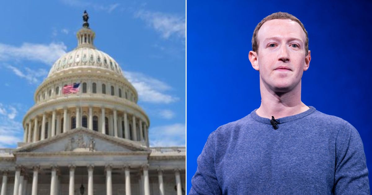 The U.S. Capitol is seen in the stock image on the left. At right, Facebook CEO Mark Zuckerberg speaks in 2019.