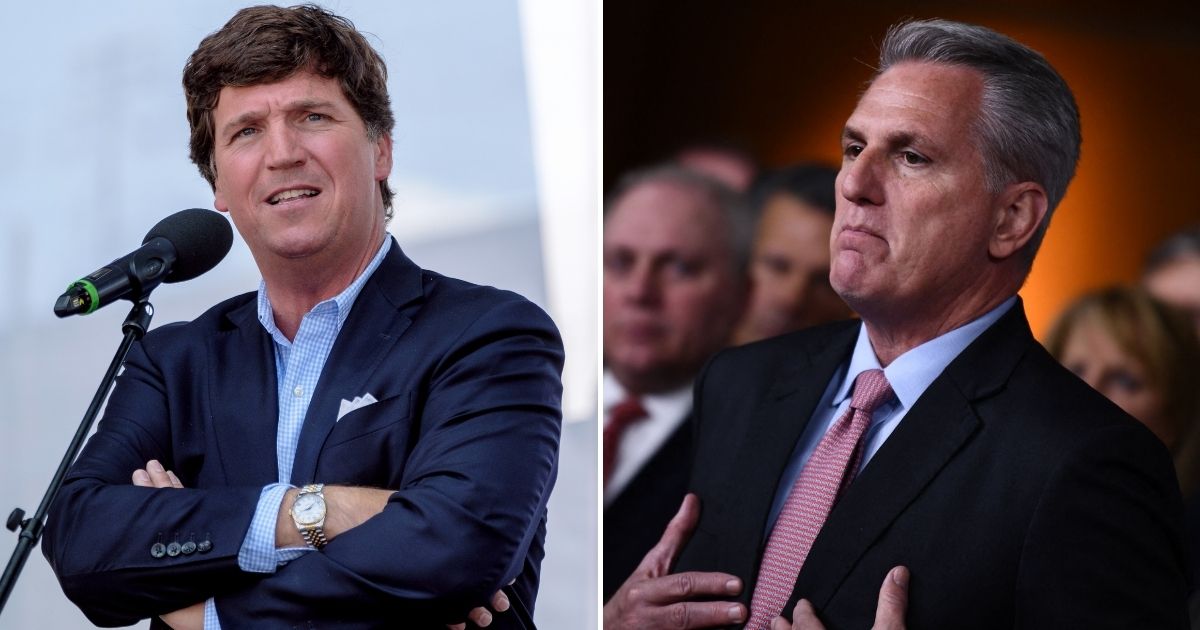 Fox News host Tucker Carlson, left, took aim at House Minority leader Kevin McCarthy, right, calling him "a puppet of the Democratic Party."