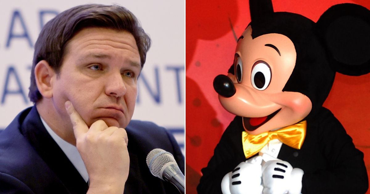 Florida Gov. Ron DeSantis, left, and Walt Disney Co. mascot Mickey Mouse.
