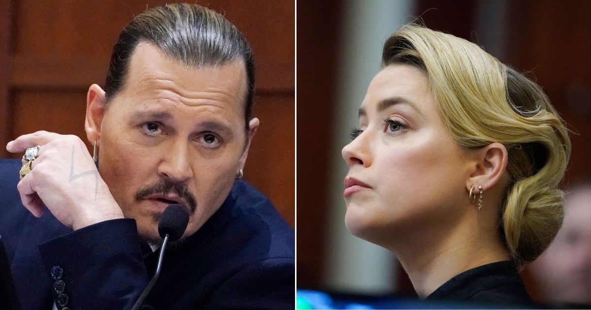 Actor Johnny Depp, left, testifies about ex-wife Amber Heard, right, at the Fairfax County Circuit Courthouse in Fairfax, Virginia.