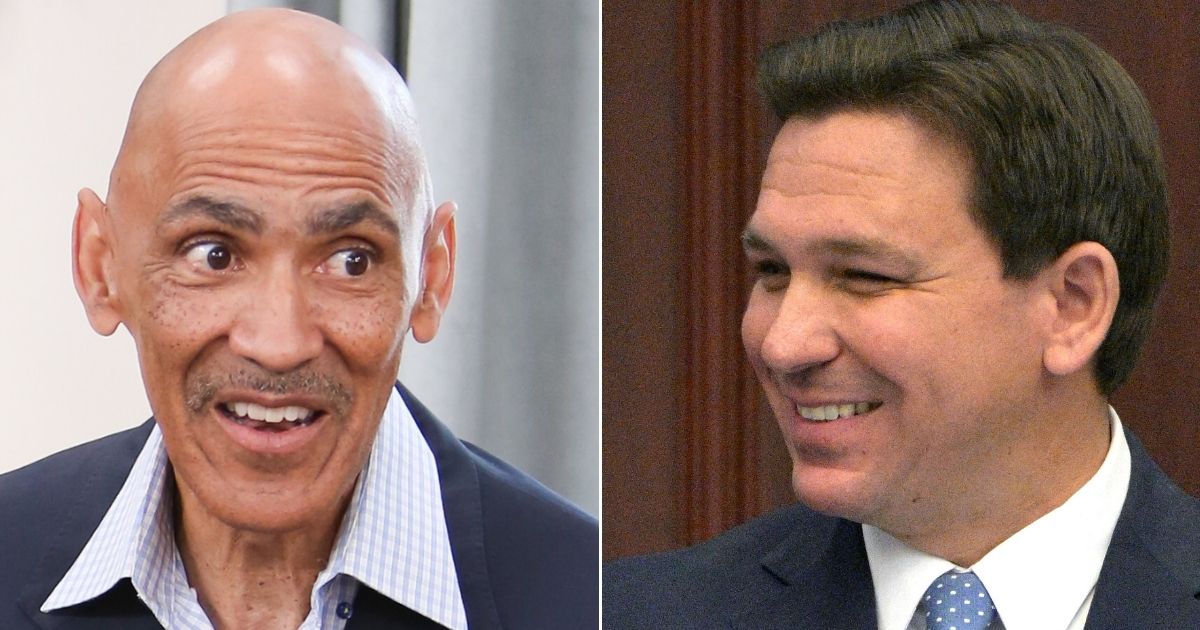 At left, Tony Dungy speaks during an event at Universal Studios Hollywood in Universal City, California, on July 20, 2018. At right, Florida Gov. Ron DeSantis addresses a joint session of the legislature in Tallahassee on Jan. 11.