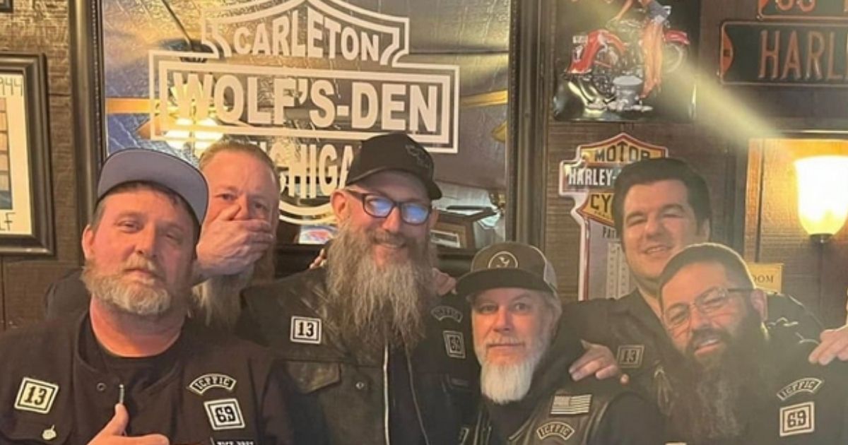 The Carleton Police Department released this photo of men wearing Iron Coffins colors, identifying them as "people of interest," after members of the biker gang beat up a man at the Wolf's Den Bar in Carleton, Michigan, so severely that he required 28 staples.