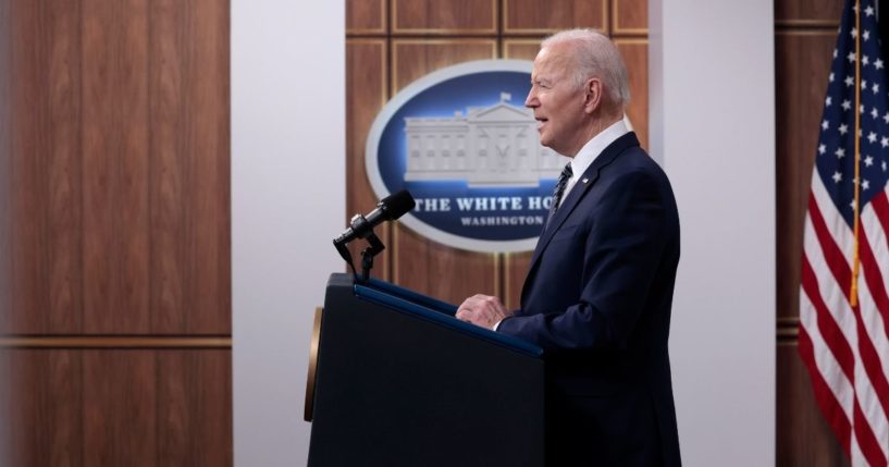 President Joe Biden delivers remarks from the South Court Auditorium of the White House on March 31 in Washington, D.C.