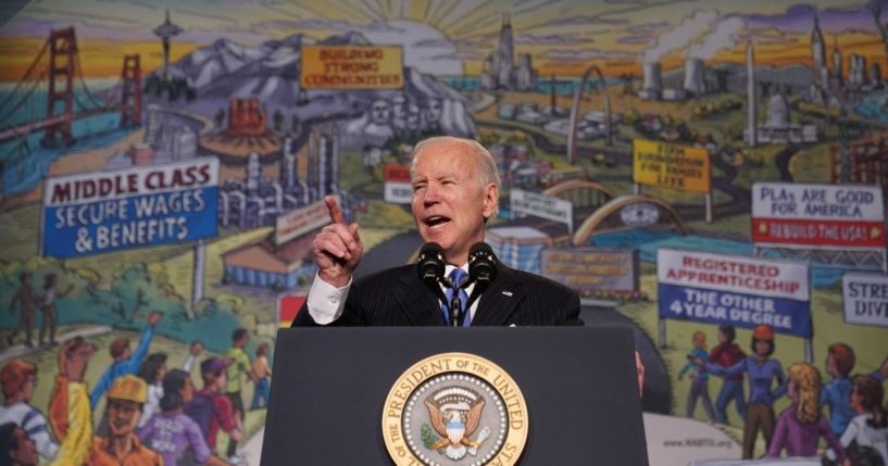 President Joe Biden addresses trade leaders at the Washington Hilton Hotel in Washington, D.C., on Wednesday.