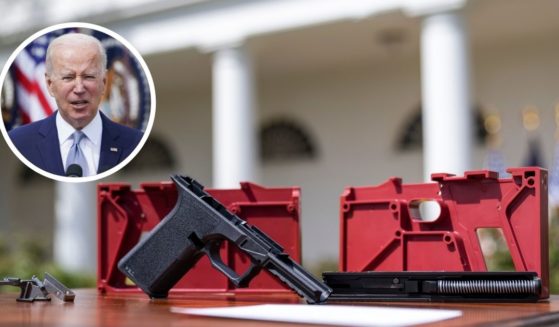 A ghost gun is displayed in the Rose Garden of the White House on Monday in Washington, D.C. President Joe Biden speaks in the Rose Garden on Monday.