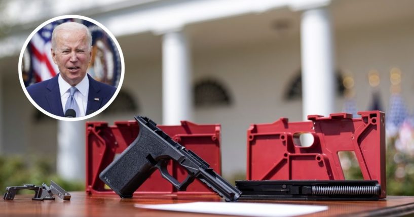 A ghost gun is displayed in the Rose Garden of the White House on Monday in Washington, D.C. President Joe Biden speaks in the Rose Garden on Monday.