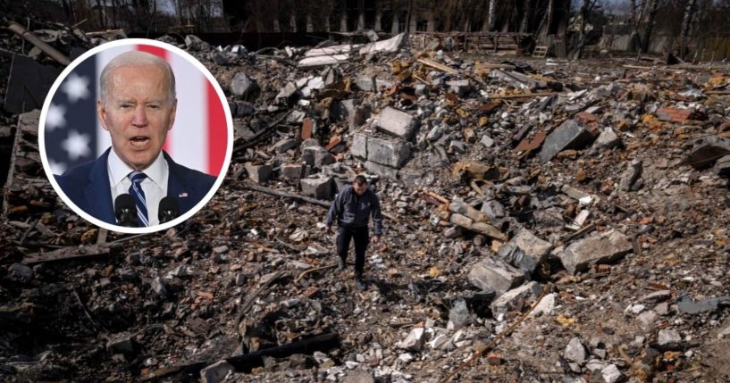 A man walks among the rubble of destroyed houses in Bohdanivka, northeast of Kyiv, Ukraine, on Thursday. President Joe Biden speaks at North Carolina A&T State University in Greensboro, North Carolina, on Thursday.