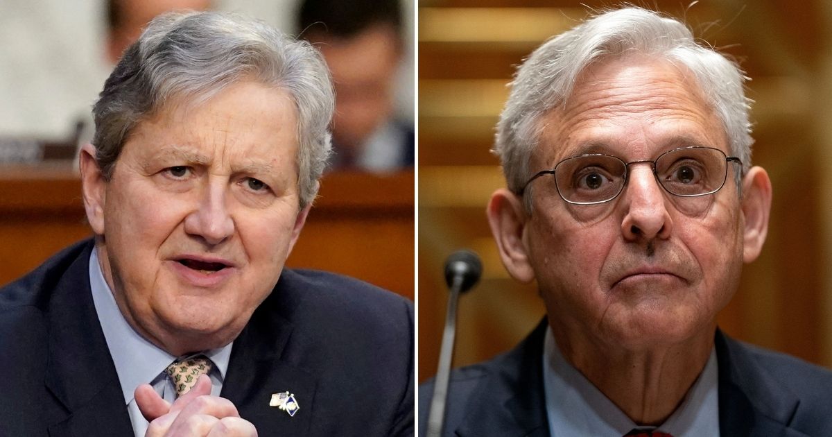 GOP Sen. John Kennedy, left, harshly criticized U.S. Attorney General Merrick Garland, right, while questioning him about the spiking crime rate across the country.