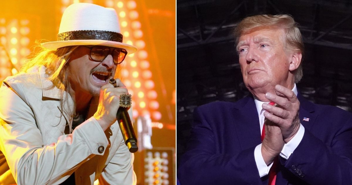 At left, Kid Rock performs in concert at AT&T Stadium in Arlington, Texas, on May 11, 2019. At right, former President Donald Trump appears at a rally near Washington, Michigan, on April 2.