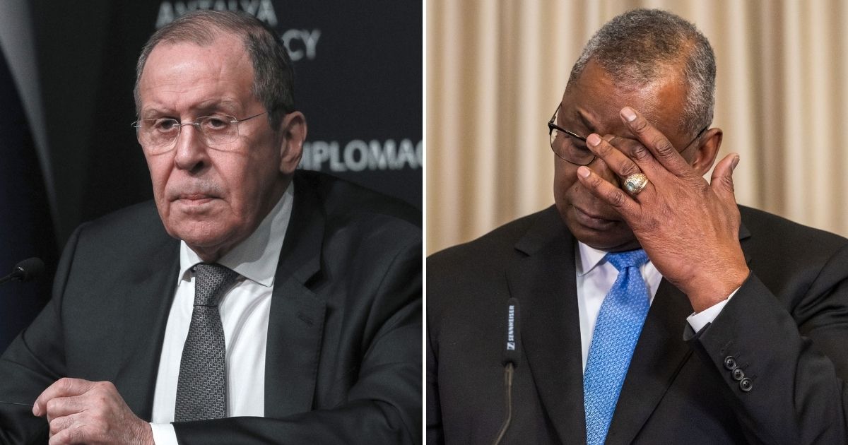 Russian Foreign Minister Sergey Lavrov, left, has warned that the threat of nuclear war is now "serious," and U.S. Defense Secretary Lloyd Austin, right, has responded, calling Lavrov's comments "very dangerous and unhelpful."