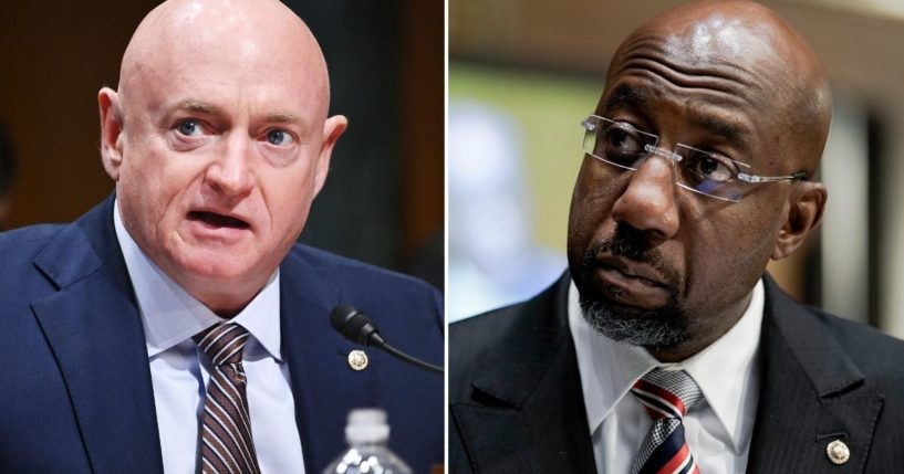 Sen. Mark Kelly, left, speaks during a Senate Finance Committee hearing on Capitol Hill in Washington, D.C., on Oct. 19, 2021. Sen. Raphael Warnock participates in a Senate Banking, Housing and Urban Affairs Committee hearing on Capitol Hill on Feb. 3 in Washington.