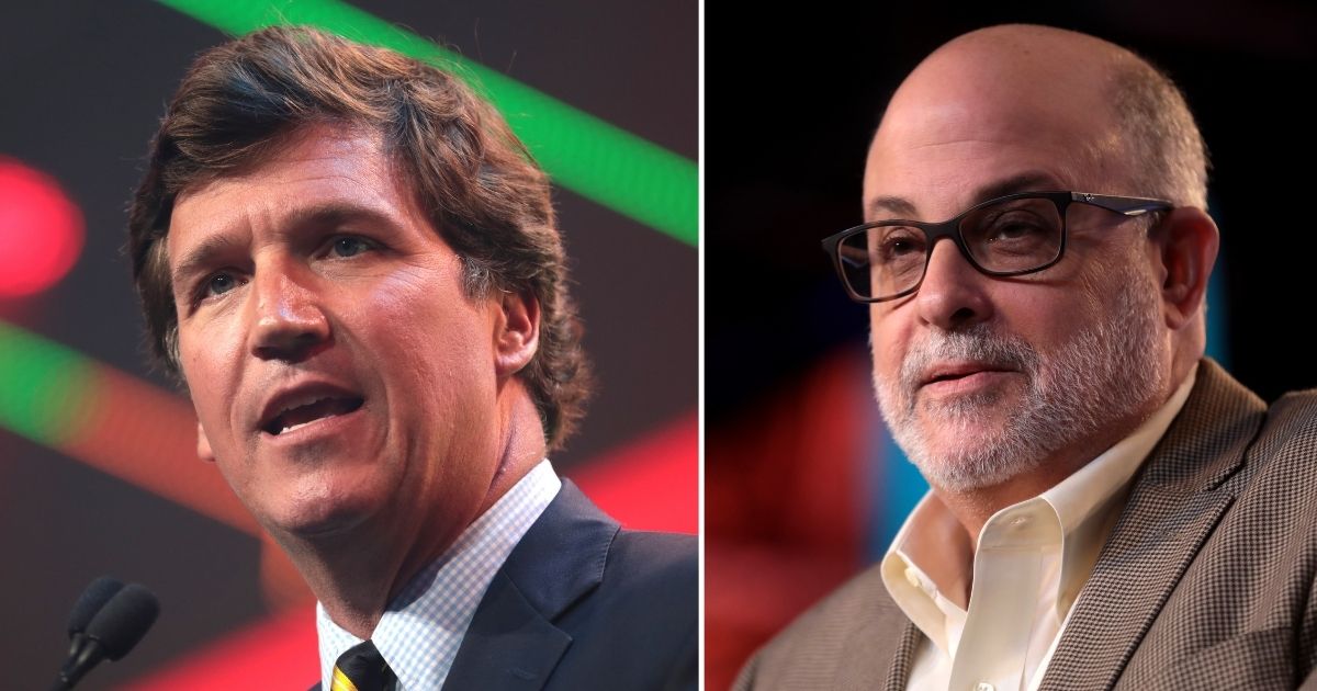 Tucker Carlson, left, speaks at the 2020 Student Action Summit in West Palm Beach, Florida, on Dec. 19, 2020. Mark Levin speaks at the 2018 Student Action Summit in West Palm Beach, Florida, on Dec. 22, 2018.