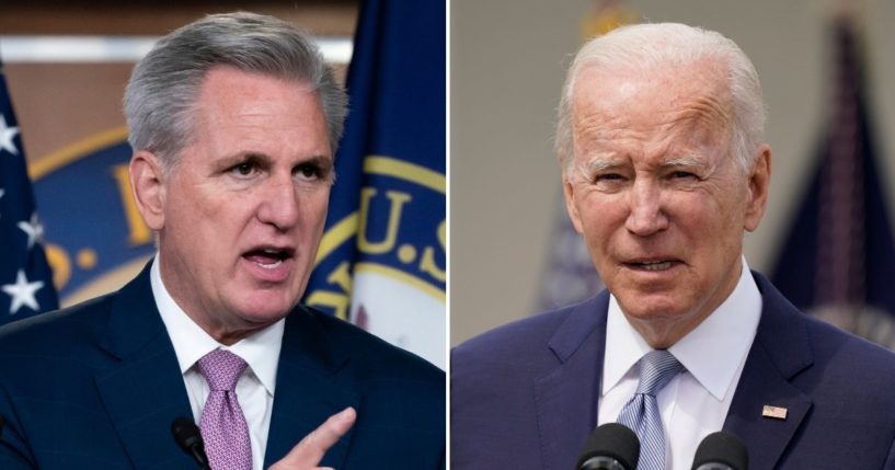 On Sunday, House Minority Leader Kevin McCarthy, left, would not commit to impeaching President Joe Biden, right, if Republicans take back Congress in November, saying only that he would 