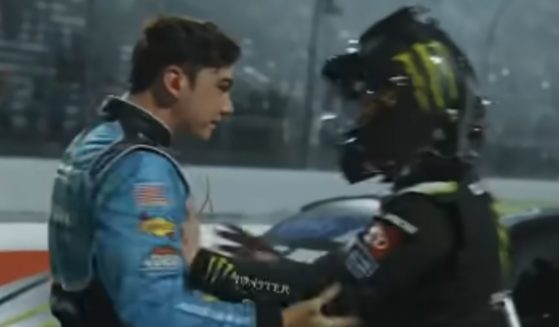 NASCAR drivers Ty Gibbs, right, and Sam Mayer, left, got into a physical altercation after a race on Friday night at the Martinsville Speedway after Gibbs approached Mayer after the race to say something.