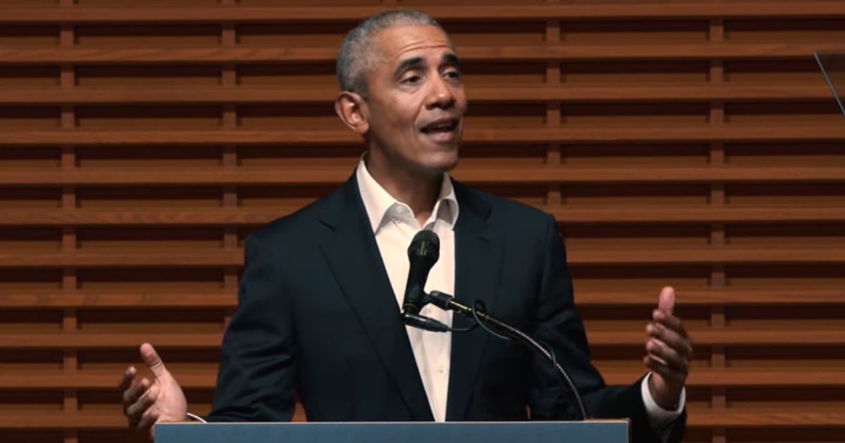 Former President Barack Obama speaks about "disinformation" at Stanford University.